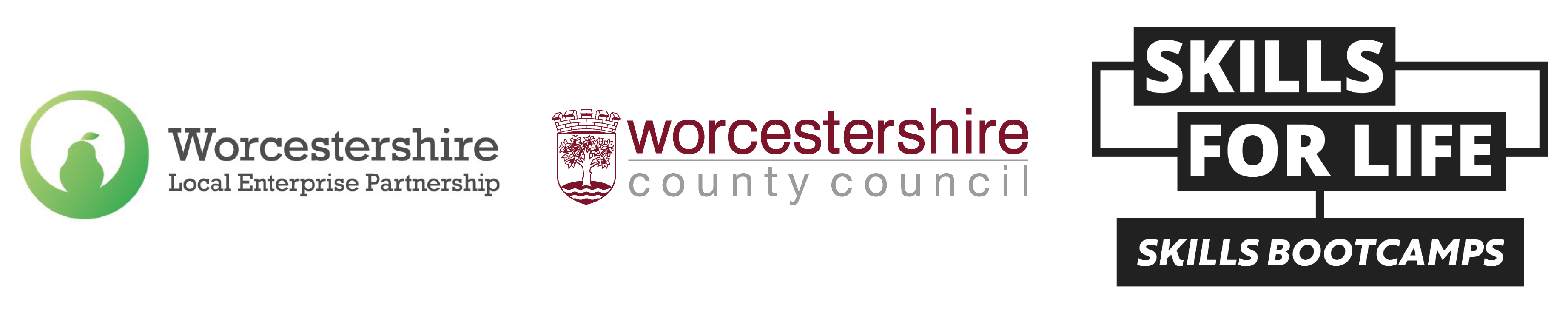 Logo of Worcestershire local enterprise, Worcestershire country council and Skill for life skills bootcamps