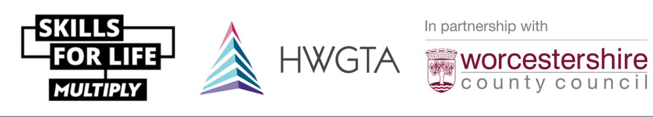 Logo HWGTA Worcestershire county council and Skills for life Multiply